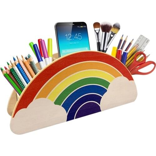 Wooden Pen Holder Rainbow Desktop Office Stationery Tube Small Object Organizer Creative Pen Holder Office Supplies Storage