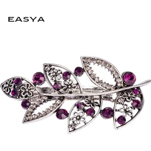 EASYA Blue Purple Crystal Leaf Barrettes Hairwear Hair Accessories Vintage Rhinestone Leaves Hairpin Clips Ornaments