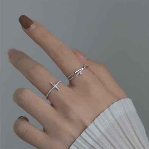 Korean Zircon Ring Personality Cross Open Adjustable Finger Rings for Women Fashion Silver Color Jewelry Accessories Party Gift