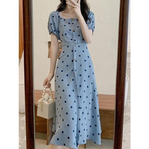 Summer Retro Women Dot Print Midi Elegant Puff Sleeve Dresses French Style Clothes Vestidos