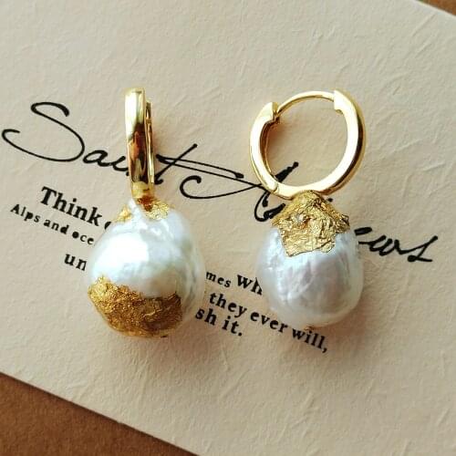 Lii Ji 925 Sterling Silver Baroque Pearl Earrings Gold Foil Gold Plated Hoop Earring Women Jewelry Wedding Gift