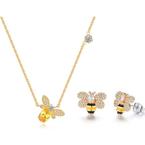 Cute Female Yellow Enamel Jewelry Set Charm Gold Color Stud Earrings For Women Dainty Crystal Bee Wedding Chain Necklace