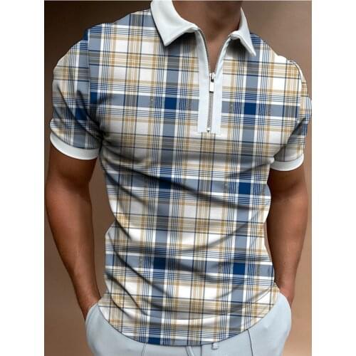 Men Polo Shirts Streetwear Fashion Loose Short Sleeve Clothing Summer Plaid Polo Shirts Casual Turn-down Collar Zipper Design To