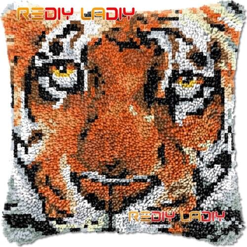 Latch Hook Cushion Tiger Face DIY Needlepoint Kits Chunky Acrylic Yarn Arts Crocheting Lofty Pillow Case Hobby & Crafts