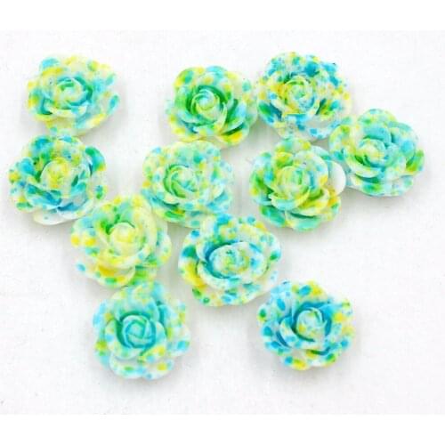 New 14mm 12pcs/Lot Double Color Resin Rose Flower Flatback Stone Appliques For Phone/Crafts DIY Color Yellow+Blue