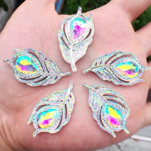 Wholesale Bling 80pcs 20*38mm Cute AB Leaf &Phoenix down RhinestoneFlatback button Cabochon Appliques/Wedding Decoration Craft