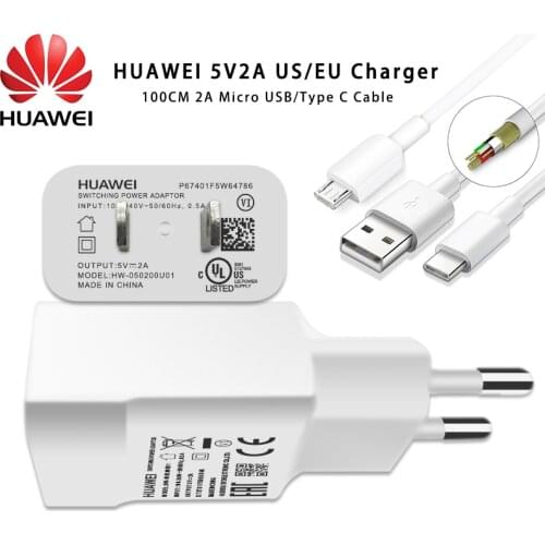Original US EU Wall Charger 5V2A and Micro USB Type C Cable Charging for HUAWEI P 8 9 10 20 Mate 10 20 30 Lite Honor 8x 7x Y 9 7