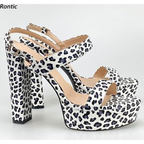 Rontic New Women Platform Sandals Ankle Strap Cows Pattern Unisex Block Heels Open Toe Gorgeous White Party Shoes US Size 5-20
