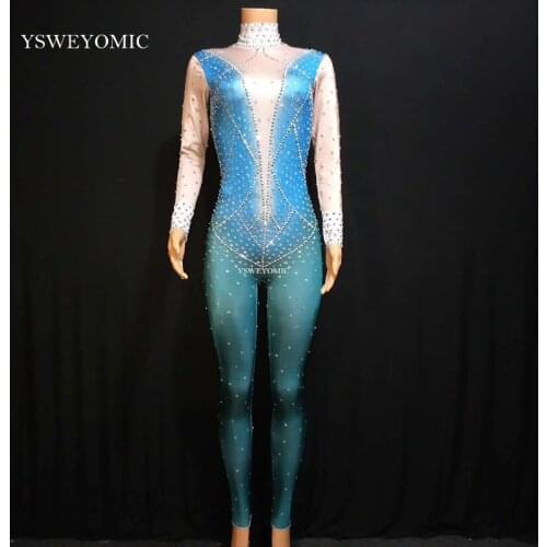 Blue Rhinestones Sexy Backless Jumpsuit Birthday Celebrate Outfit Nude Blue Bodysuit Evening Women Singer Dance Stage Outfit