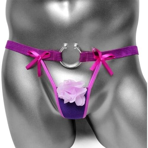 Sissy Mesh Thong Panties With Flower Front High Elastic Sexy Male Gay Lingerie Underwear Breathable Open Hollow Front Penis Hole