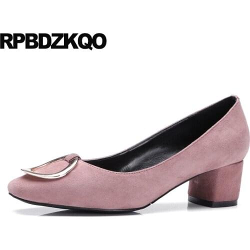Ladies High Heels Shoes Size 4 34 Metal Office China Chunky Medium Square Toe 2017 Pumps Pink Suede Chinese Spring Autumn New
