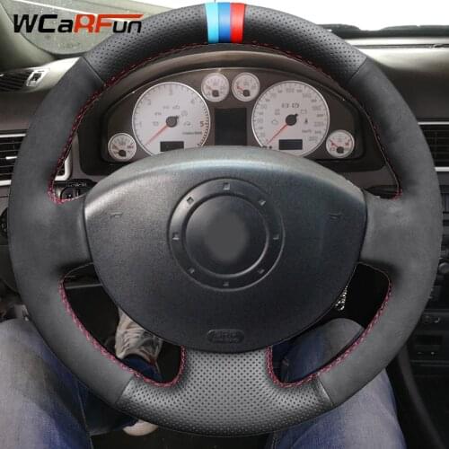 WCaRFun Black Natural Leather Suede Car Steering Wheel Cover for Renault Megane 2 2003-2008 Kangoo 2008 Scenic 2 2003-2009
