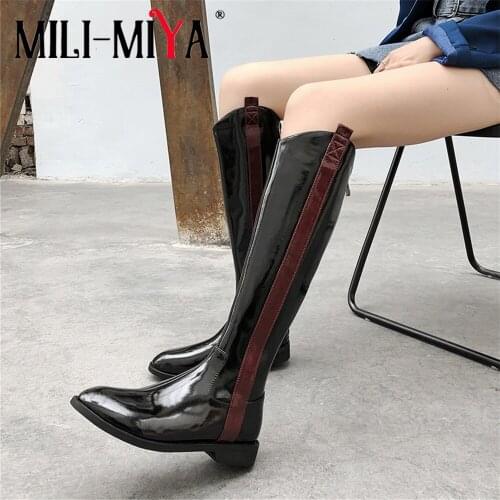 MILI-MIYA New Arrival Women Cow Patent Leather Knee-High Boots Round Toe Zippers Mixed Color Square Heels Plus Size 34-42