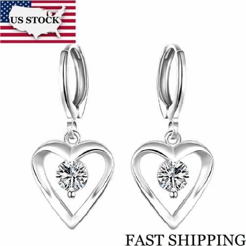 US STOCK Heart Crystal Earrings for Women Anniversary Love Gift Vintage Silver Earring Boucle Doreille Bague Femme Uloveido E626