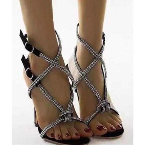 Ladies Heeled Sandals Fashion Cross Strappy Rhinestone Sandals Summer Gladiator Sandals Women High Heels Sandals