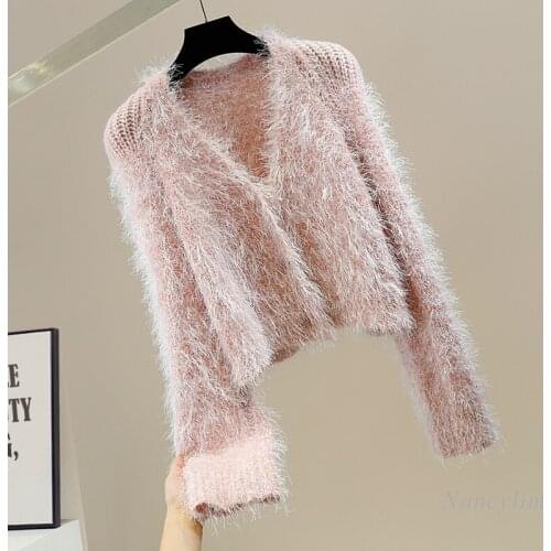 V-neck Hollow Out Furry Tassel Cardigan Women Temperamental Short Sweater Coat Lady Chic Top White Pink Grey Spring Autumn