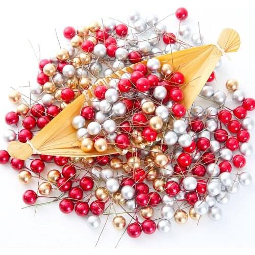 50/100pcs/Lot mini plastic berry artificial flower red cherry pearlescent stamen wedding Christmas Cake Box Wreaths Decoration