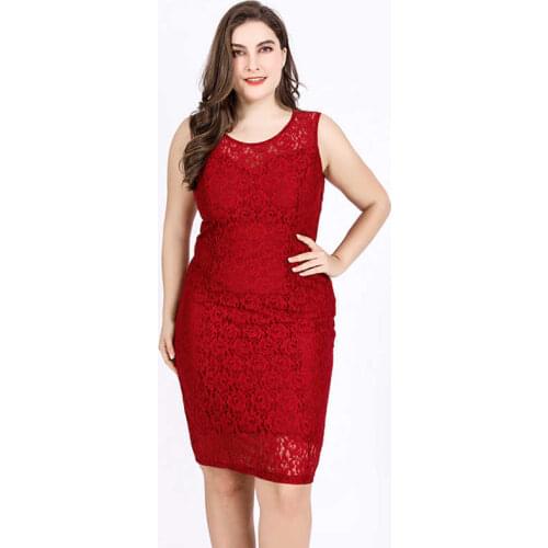 6XL Sleeveless Summer Tnk Dress Sheath Bodycon Lace Dress Midi Hollow Out Sexy Bandage Party Dresses Women Clothes T1825