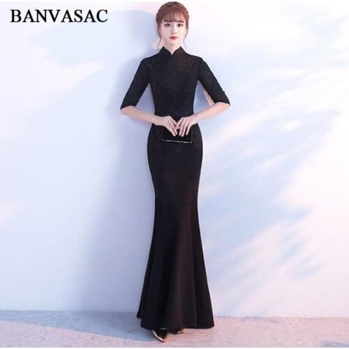 BANVASAC High Neck Lace Appliques Half Sleeve Mermaid Long Evening Dresses 2018 Black Zipper Back Party Prom Gowns