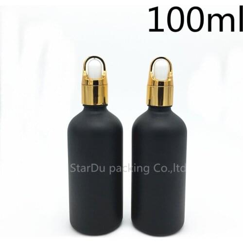 Free shipping 10pcs 100ml black frosted glass essential oil bottle with gold Flower basket ring dropper glass perfume bottle