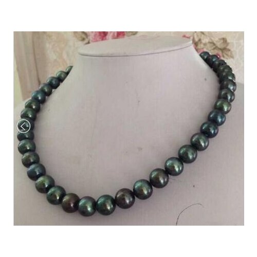 Free shipping >>>>noble jewelry gorgeous AAA 10-11 mm round black green pearl necklace 14k