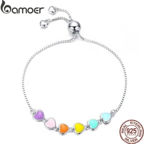 Bamoer Rainbow Color Enamel Heart Bracelet for Women Heart-shape 925 Sterling Silver Chain Bracelet Anti-allergy Jewelry SCB158