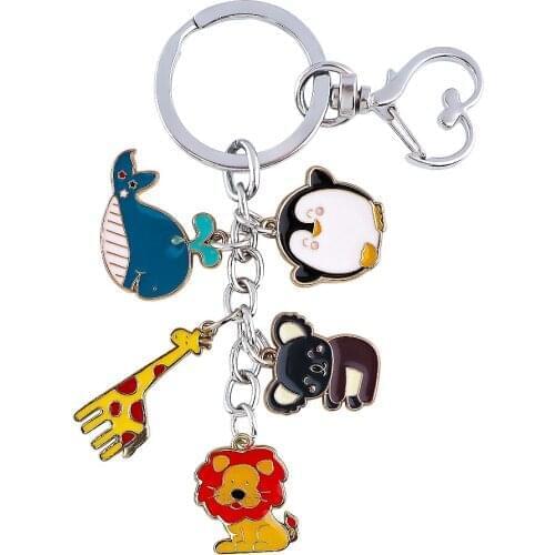 24pcs/lot MD991 DMLSKY Cartoon Animals Lion Giraffe Koala Penguin Pendant Keychain Holder Enamel Jewelry Keyrings Friend Gift