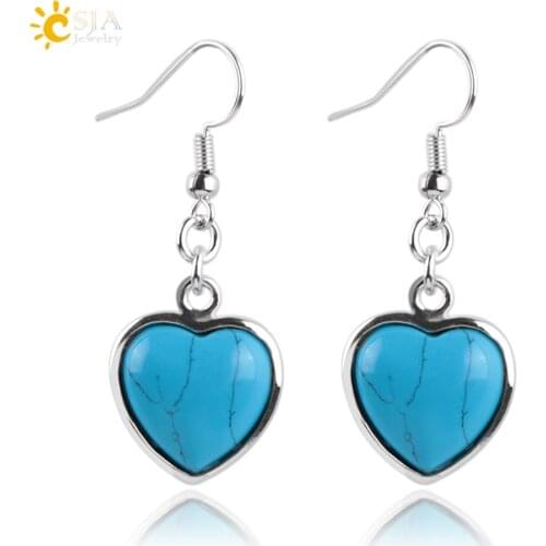 CSJA Reiki Chakra Love Heart Shape Natural Gem Stone Bead Hook Dangle Pendant Drop Earrings Jewelry Gift for Women Girls E166