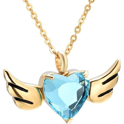 IJD9957 Stainless Steel Gold Angel Wings Heart Cremation for Holder Ashes Urn Keepsake Memorial Pendant Necklace Jewelry