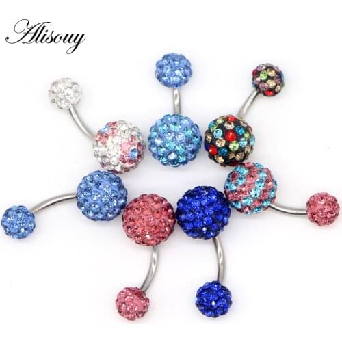 Alisouy 1 pcs Ball White Crystal Navel Ring Stainless Steel Piercing Belly Button Rings Body Fashion Jewelry Summer Style Women