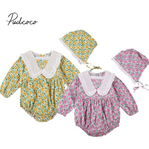 Newborn Baby Girls Romper+ Hat, Lace Flower Print, Lotus Leaf Decoration Sweet Style Long Sleeve Spring Autumn Clothing