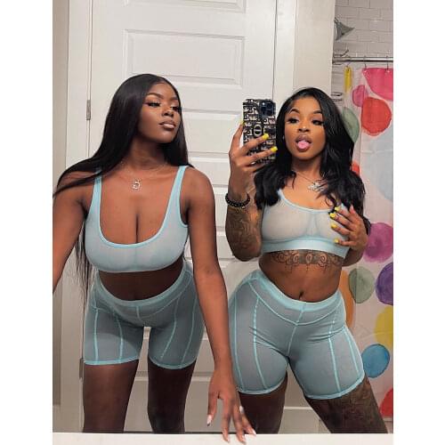 Two Piece Set Women 2021 Summer Mesh Sheer Short Sleeve T-shirt Crop Tops +Shorts See Through Sexy Club 2Pcs Set Female Clothes