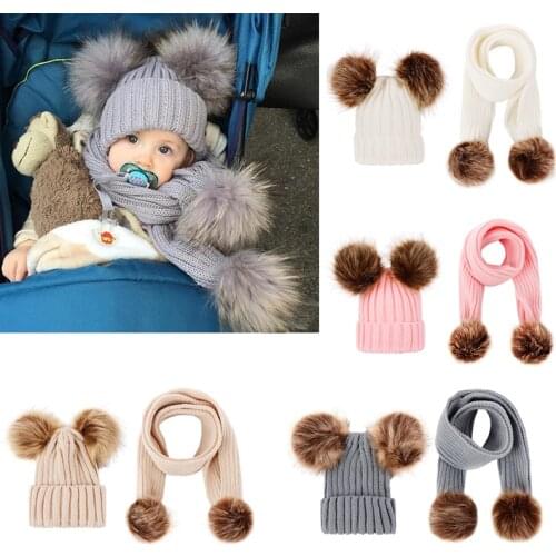 Q Pompon Hats Scarves Sets Parent-Child Caps Cute Infant Baby Pompon Winter Hat Scarf Sets Boys Girls Children Cotton Warm Hat