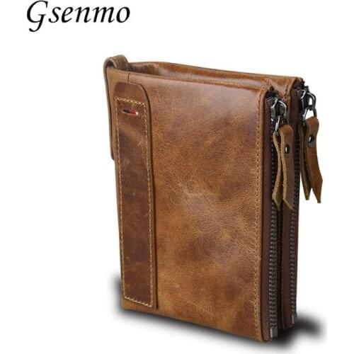 Gsenmo Fashion Genuine Leather Wallet Bifold Wallet ID Card Holder Coin Purse Pockets Clutch with zipper Rfid Men Wallet Carteir