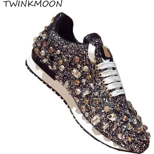 Crystal Sneakers Glitter Womens Platform Sneakers Height Increasing Lace Up Rhinestone Beaded Luxury Pink Gold Black Trainers