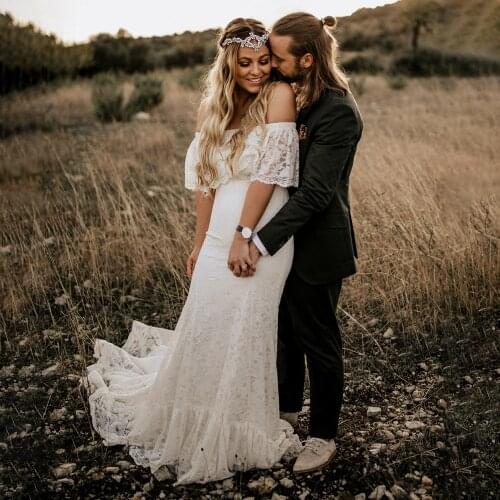 Lace Off Shoulder Mermaid Wedding Dress with Train Bohemian Rustic Plus Size Cheap Photography Beach Country Style Bridal Gowns