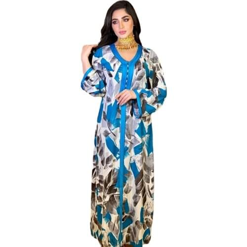 Dubai Fashion Printed Maxi Dress Abaya Muslim Women Loose Style Braid Trimmed Long Sleeve Morroco Kaftan Islam Clothes