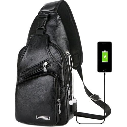 USB Charging Men Teen Chest Pack Leather Sling Shoulder Bag Boys Portable Phone Crossbody Bag Fashion Handbag XIN-Shipping