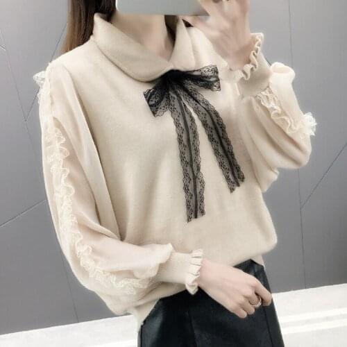 New Sweater Bow Casual Loose 2021 turn-down Collar Lace Spring Autumn Pullover Foreign Knit Sweaters Vestidos LXJ734