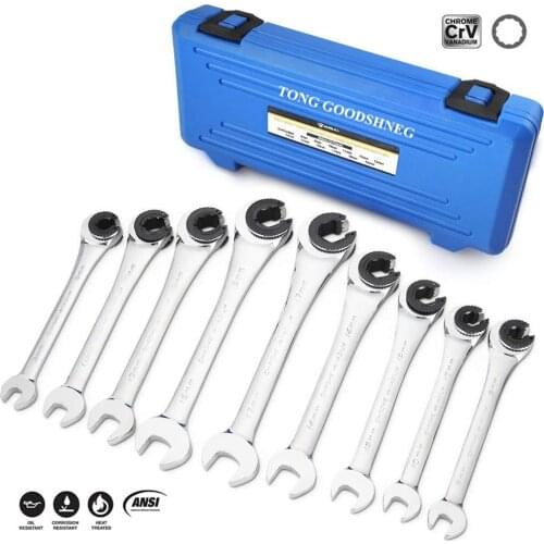 Industrial Fixed Head Tubing Ratchet Open End Combination Wrench Set,72 Gears CR-V Chrome Vanadium Steel,9PCS Metric 8-17mm