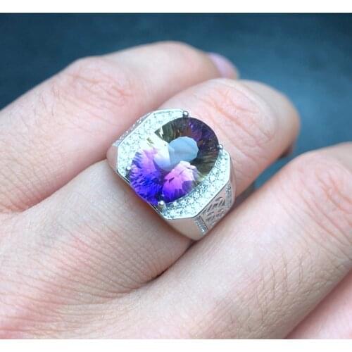 Simple atmospheric style, natural ametrine ring, beautiful color, two-color fire, 925 silver, mens ring