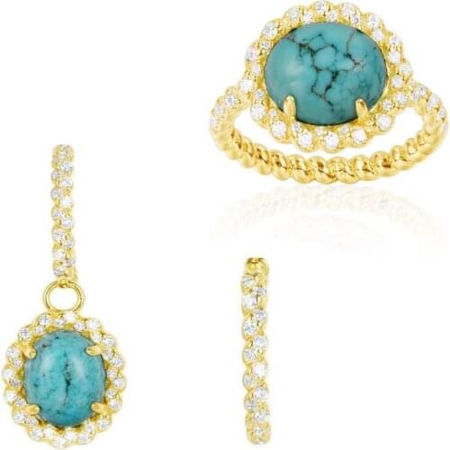 925 Sterling Silver Luxury Vintage 18K Gold Ring Natural Turquoise Earring Set Royal jewelry Super flash diamond earrings