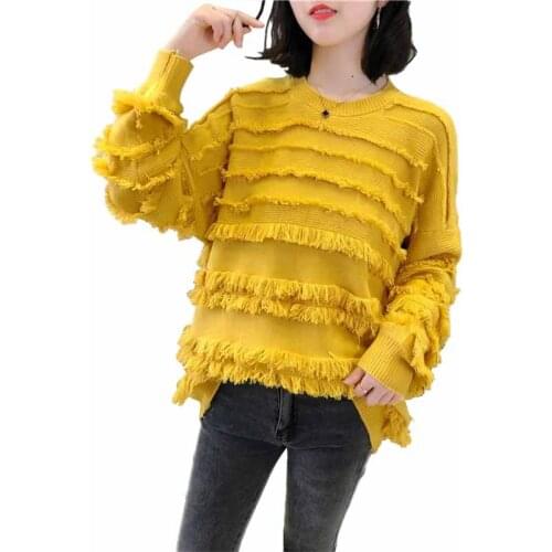 2019 Spring autumn fashion knitted sweater women tassel Long sleeve Round neck pullovers female casual solid Loose sweaters G508