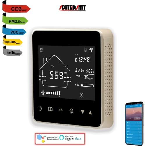 WIFI Air Quality Monitor CO2 PM2.5 Sensor Regulated Control for AC 3 Speed 0-10V Proportional Output 5-In-1 VOC Temp Humidity