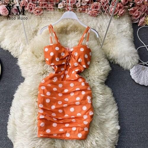 YuooMuoo Ins Fashion Sexy Mini Bodycon Dress Women New 2021 Summer Slim Ruched Club Dress Dot Print Spaghetti Strap Beach Dress