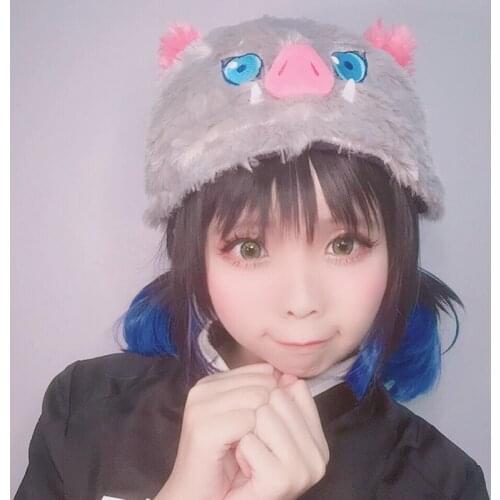 Fuuny Anime Demon Slayer Kimetsu no Yaiba Cosplay Hat Inosuke Hashibira Cute 3D Pig Head Plush Cap Bucket Hats Japanese Props Fu