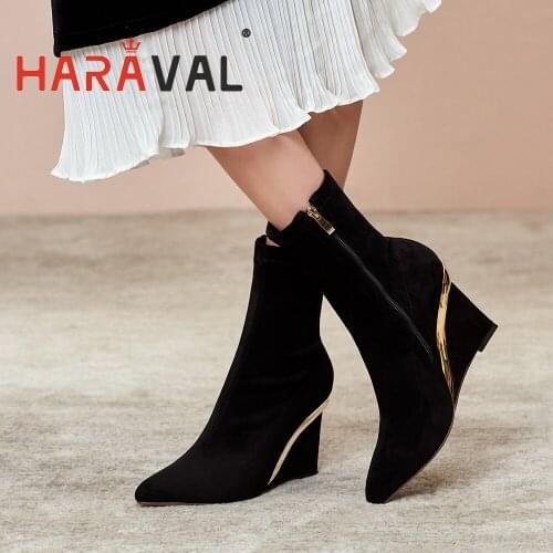 HARAVAL Women Ankle Boots Shoes Wedges Chelsea Boot Flock Pointed Toe Spring/Autumn Solid Adult Black Elegant Footwear E367L