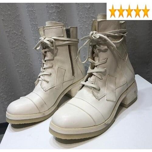 Vintage Designer Military New Brand Lace Up Round Toe Womens High Top Boots Genuine Leather Sheepskin Zip Female Low Heel Shoes
