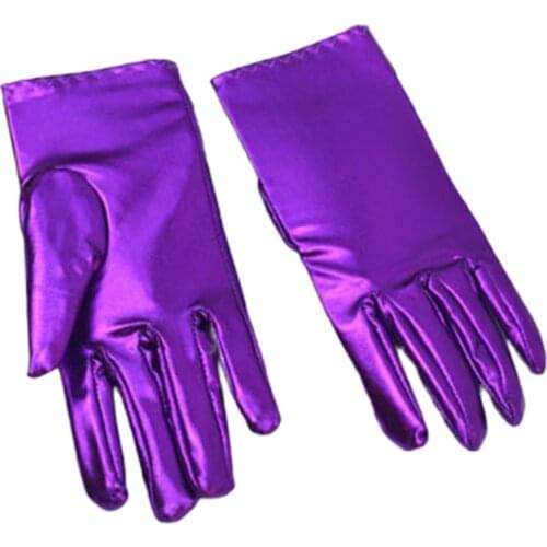 Faux Pantent Leather Spandex Short Gloves Shiny Metallic Solid Color Mittens X7JB