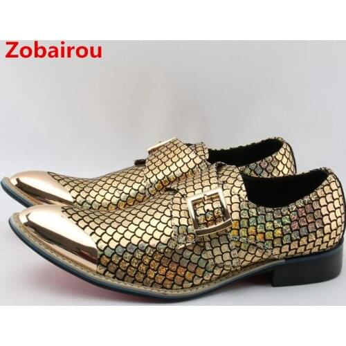 Zobairou sapato masculino gold Metallic mens shoes glitter loafers brogue italian shoes for dance formal shoes men shoe lasts